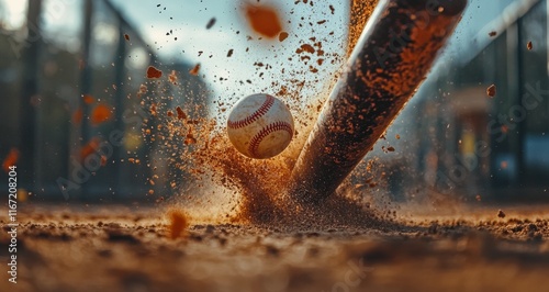Powerful swing connects with baseball during sunset on a dusty field
