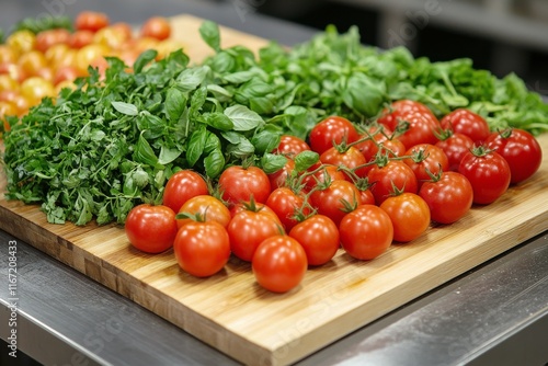 Fresh tomatoes and basil arranged on a wooden cutting board in a kitchen setting