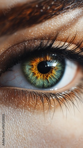 Stunning close-up of a vibrant and colorful eye with intricate patterns and d...