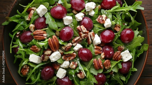 Colorful mixed salad with grapes, goat cheese, and nuts on a green arugula base