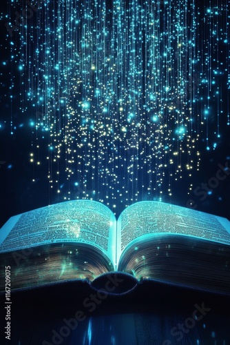 Enchanting book with glowing pages and floating letters in dark atmosphere