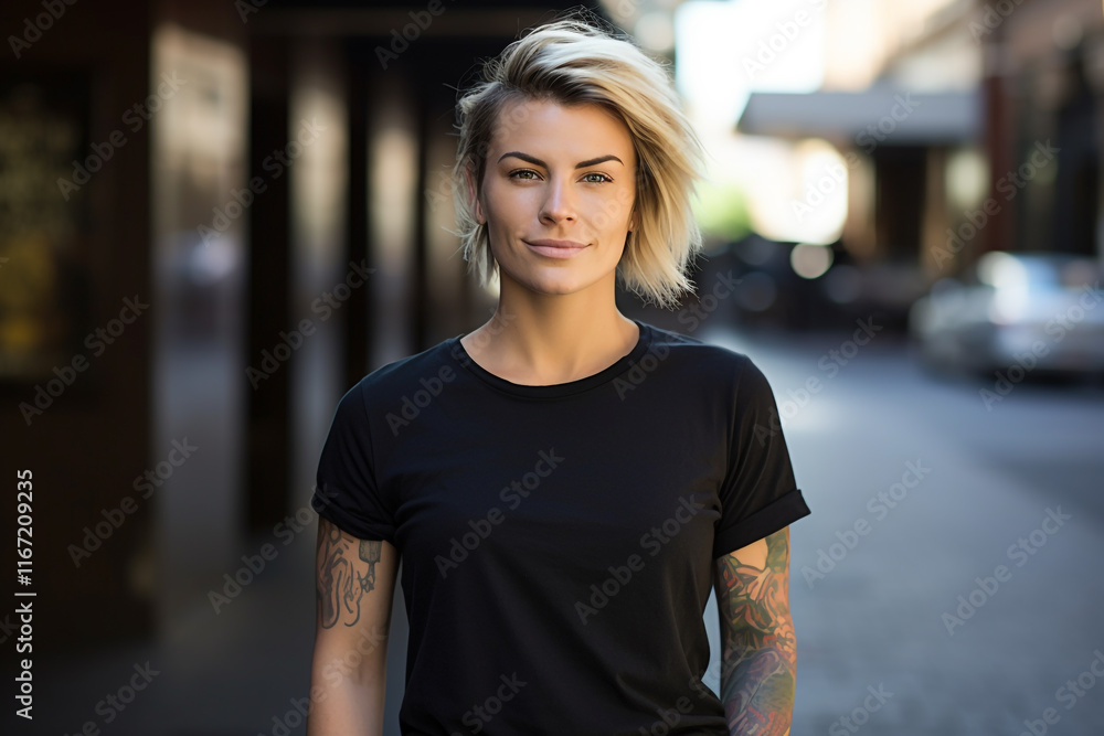 Bold Simplicity: A Confident Woman in a Black Crew Neck T-Shirt Bold Simplicity: A Confident Woman in a Black Crew Neck T-Shirt