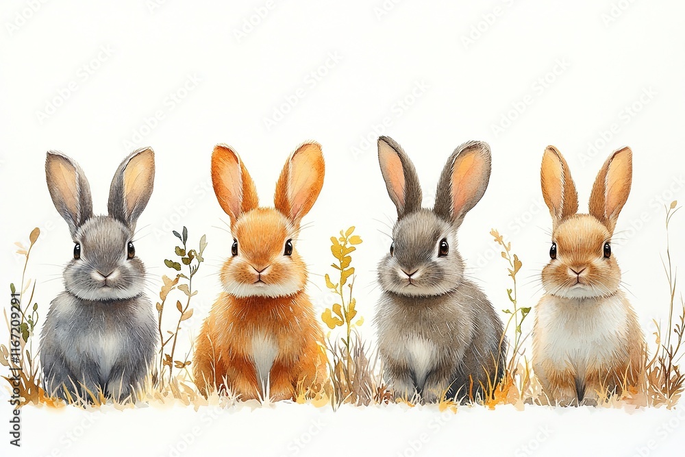Fototapeta premium Four cute rabbits in a grassy setting, showcasing their distinct colors and expressions.