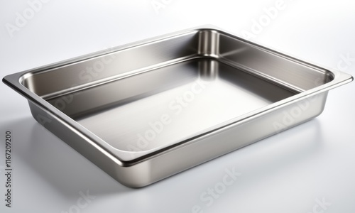 Stainless steel baking tray on white background for kitchen and catering use