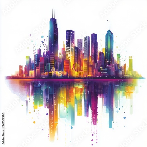 Colorful skyline reflecting in water during a bright day in a modern city