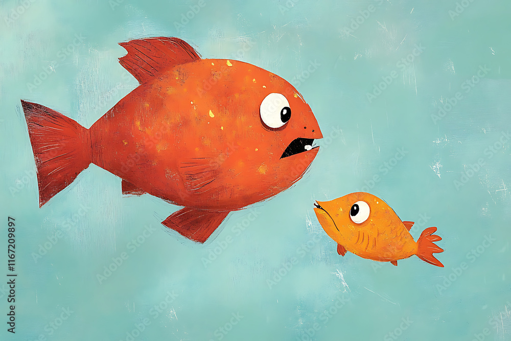 Naklejka premium Two cartoon fish, one large and one small, interact in a whimsical underwater scene.