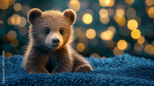 Cute brown bear cub resting on soft surface with glowing bokeh background in ...