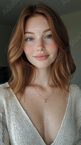 Young woman with freckled face smiling in a flower field during golden hour