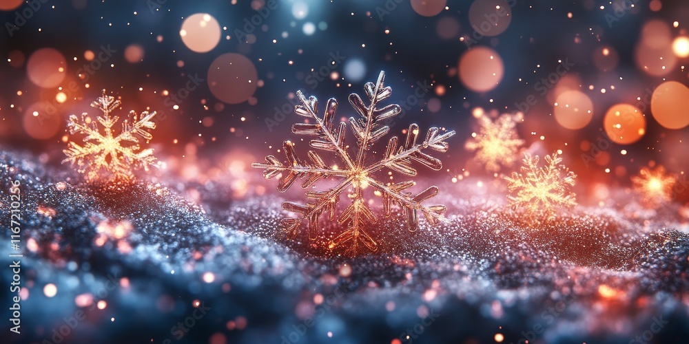 Naklejka premium Surreal snowflake designs with festive glowing tones, Generative AI