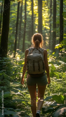 Hiking through a sunlit forest path surrounded by lush greenery and tall trees