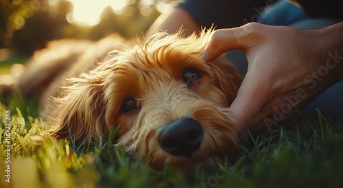 Loving connection between a person and a dog in a sunlit garden during golden...