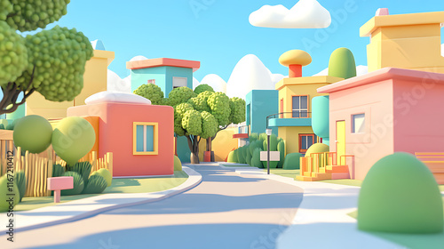 Charming animated neighborhood scene colorful suburb 3d art bright daylight playful perspective whimsical design