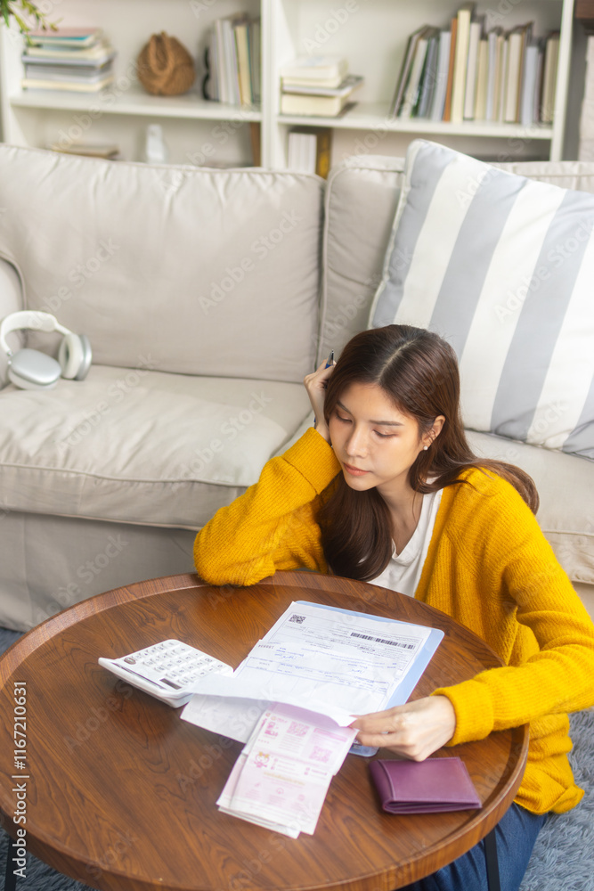 portrait of young asian woman hand using calculator calculating household expenses, income, manage budget while checking credit card bills, taxes on mobile phone. household finance management concept. portrait of young asian woman hand using calculator calculating household expenses, income, manage budget while checking credit card bills, taxes on mobile phone. household finance management concept.