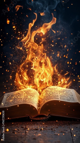 Magical flames ignite from open book creating an enchanting atmosphere in dar...