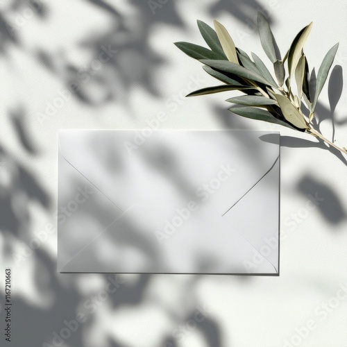Blank envelope with shadows from leaves on textured wall in soft natural light
