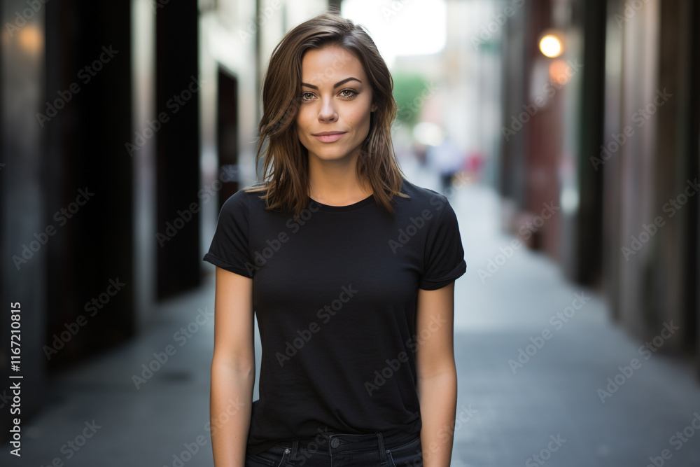 Fototapeta premium Bold Simplicity: A Confident Woman in a Black Crew Neck T-Shirt