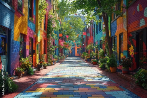 Vibrant colorful street scene in Neal's Yard Covent Garden London with murals greenery and sunlight photo