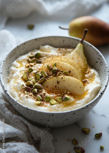 Delicious yogurt bowl topped with fresh pear slices and pistachios for a heal...