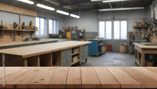 Wallpaper Mural An empty wooden tabletop with a blurred background of tool rooms, An empty wooden tabletop with a blurred background of tool rooms Torontodigital.ca