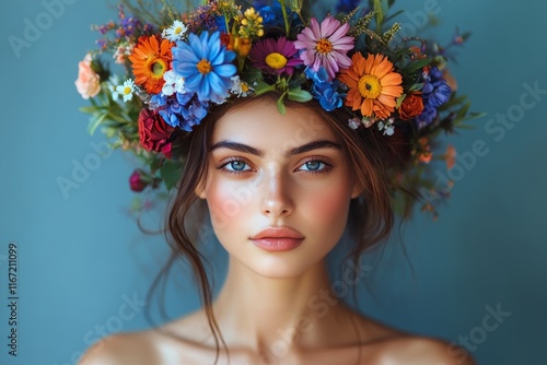 Young woman with a flower crown in a vibrant blue sky setting during daylight