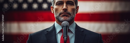 Speaker holds microphone in formal setting with red background during a publi...