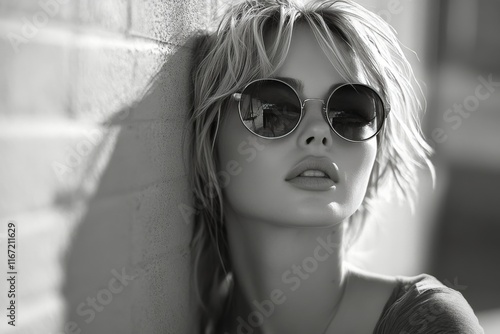 Young woman with sunglasses poses confidently against a wall in black and white