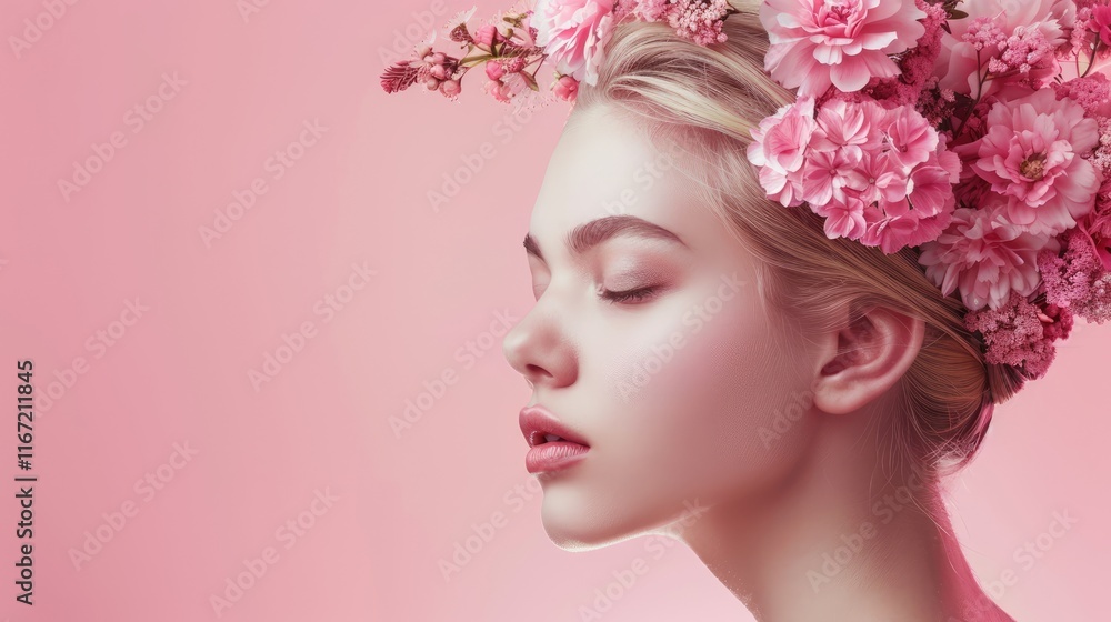 Fototapeta premium Beauty Art girl blonde with pink flowers in her hair and professional makeup, on a studio pink background banner with copy space. The concept of naturalness of cosmetic products and cosmetology.