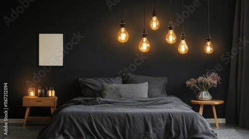 Cozy bedroom with ambient lighting and modern decor in a dark color scheme