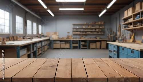 Wallpaper Mural An empty wooden tabletop with a blurred background of tool rooms, An empty wooden tabletop with a blurred background of tool rooms Torontodigital.ca