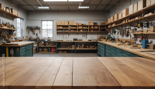 Wallpaper Mural An empty wooden tabletop with a blurred background of tool rooms, An empty wooden tabletop with a blurred background of tool rooms Torontodigital.ca