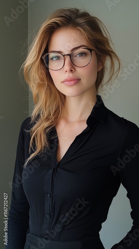 Young woman with glasses posing in a stylish black outfit near a window in br...