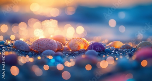 Colorful seashells glimmering on wet sand by the shore at sunset