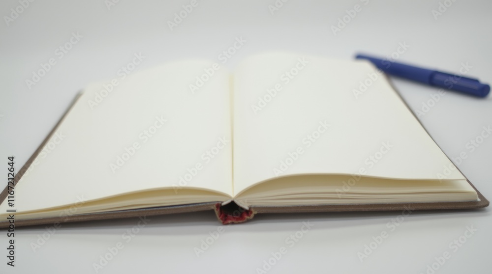A close-up view of an open notebook with blank pages, showcasing the texture of the paper and the binding. The notebook is placed on a clean surface, with a pen positioned nearby A close-up view of an open notebook with blank pages, showcasing the texture of the paper and the binding. The notebook is placed on a clean surface, with a pen positioned nearby