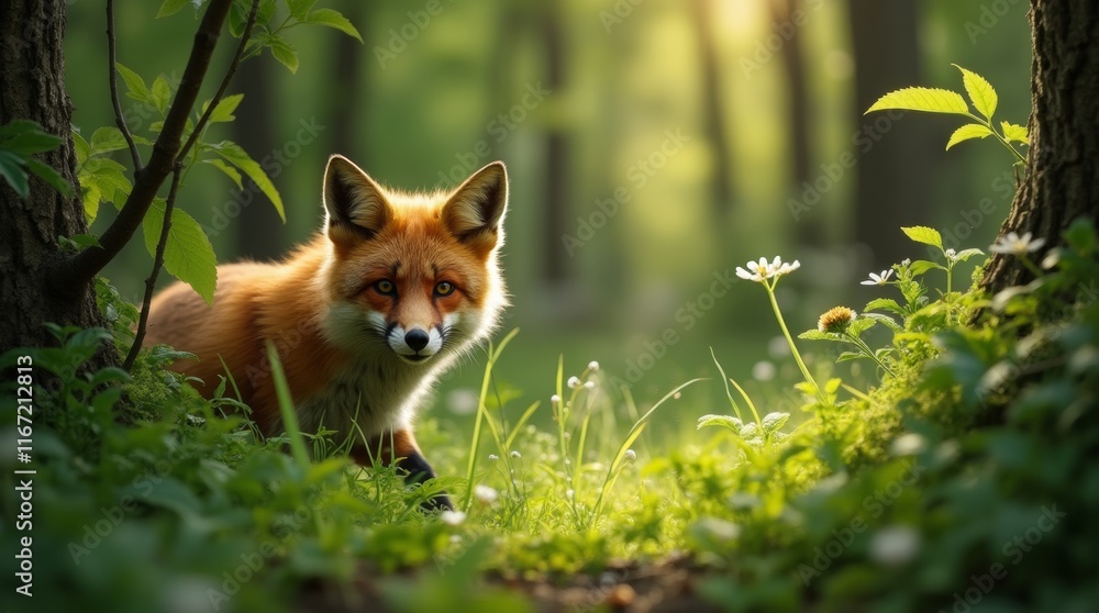 Naklejka premium A curious fox peeks through the underbrush of a lush forest, its vibrant orange fur contrasting beautifully with the green foliage. The sunlight filters through the trees, casting dappled shadows