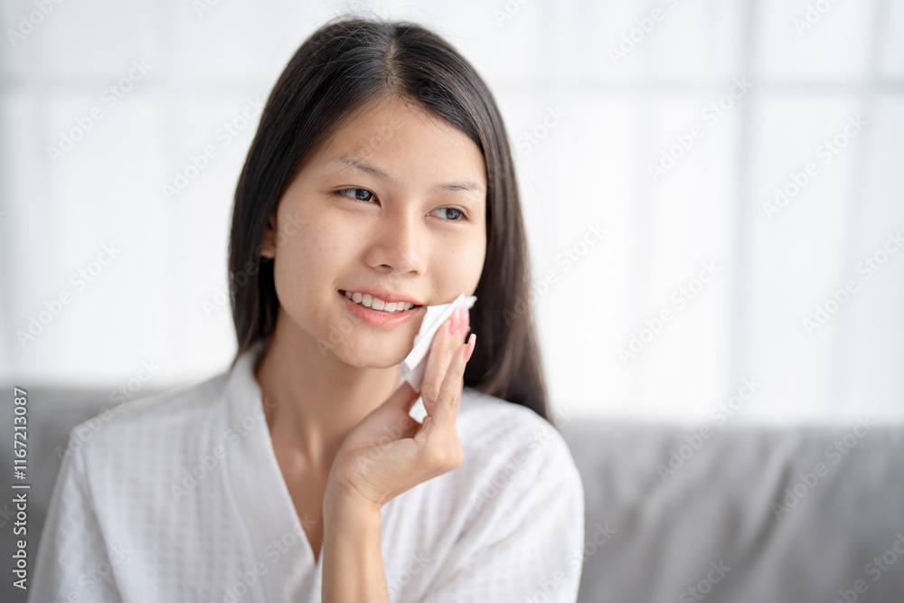 Daily beauty routine Asian woman.with clean skin uses micellar water to remove makeup Daily beauty routine Asian woman.with clean skin uses micellar water to remove makeup