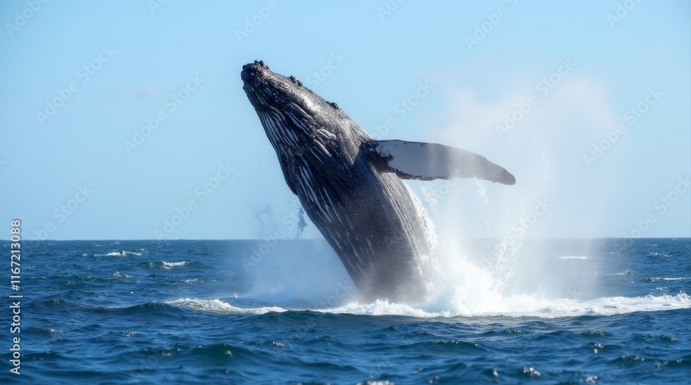 Fototapeta premium A majestic whale breaches the surface of the ocean, creating a spectacular splash as it leaps into the air. The sunlight glistens on the water, highlighting the whale's massive body and the surroundin
