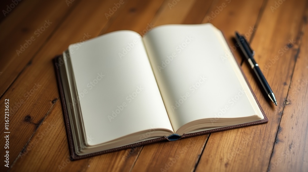 An open notebook lies on a wooden desk, its blank pages inviting creativity and ideas. The notebook features a simple design with a textured cover, and a pen rests beside it, ready for writing. An open notebook lies on a wooden desk, its blank pages inviting creativity and ideas. The notebook features a simple design with a textured cover, and a pen rests beside it, ready for writing.