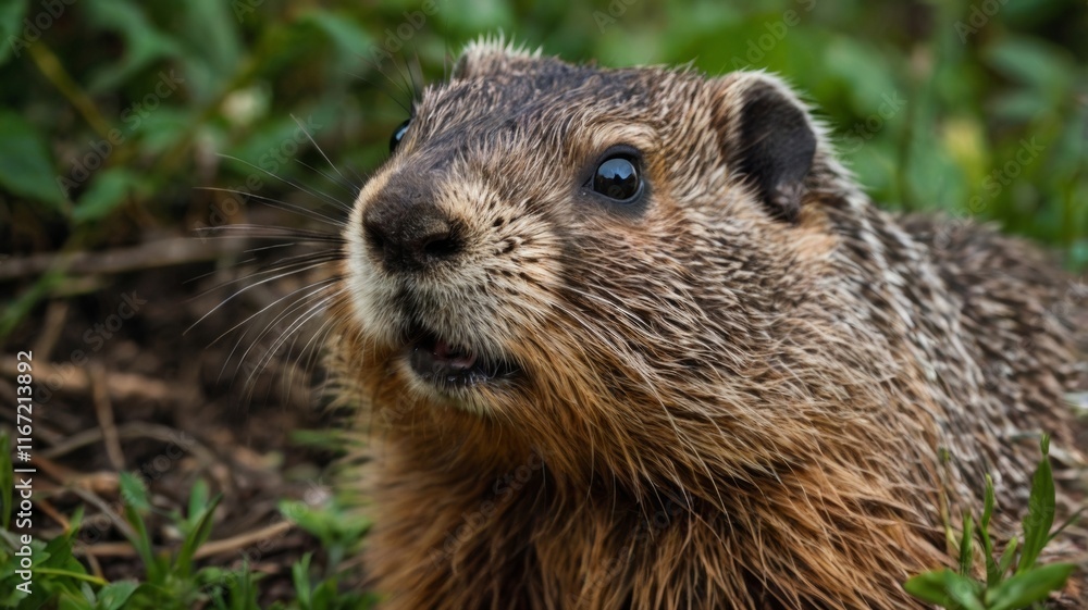 A close-up portrait of a groundhog peeking out from its burrow, with its whiskers and fur clearly visible. The background features soft earth tones, emphasizing the groundhog's connection to its envir A close-up portrait of a groundhog peeking out from its burrow, with its whiskers and fur clearly visible. The background features soft earth tones, emphasizing the groundhog's connection to its envir