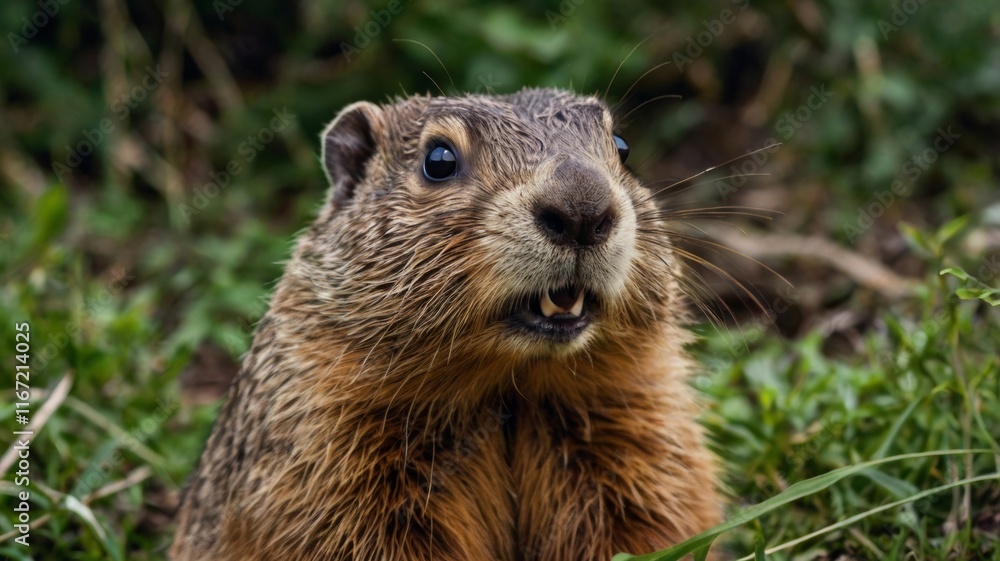 A close-up portrait of a groundhog peeking out from its burrow, with its whiskers and fur clearly visible. The background features soft earth tones, emphasizing the groundhog's connection to its envir A close-up portrait of a groundhog peeking out from its burrow, with its whiskers and fur clearly visible. The background features soft earth tones, emphasizing the groundhog's connection to its envir