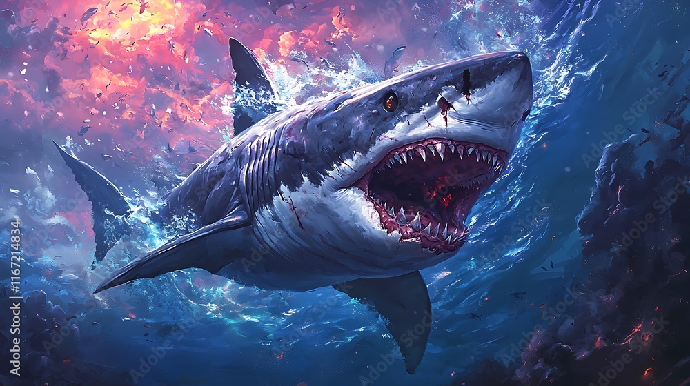 Naklejka premium Apex Predator: A Great White Shark Emerges from the Depths, a Masterpiece of Digital Art