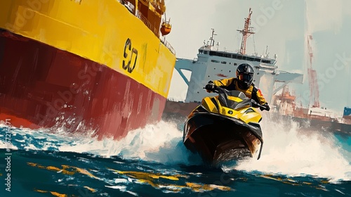 Wallpaper Mural Vibrant Action Scene of a Jet Ski Rider Racing Near Cargo Ships, Capturing the Excitement of Water Sports and Maritime Activities in a Busy Port Environment Torontodigital.ca