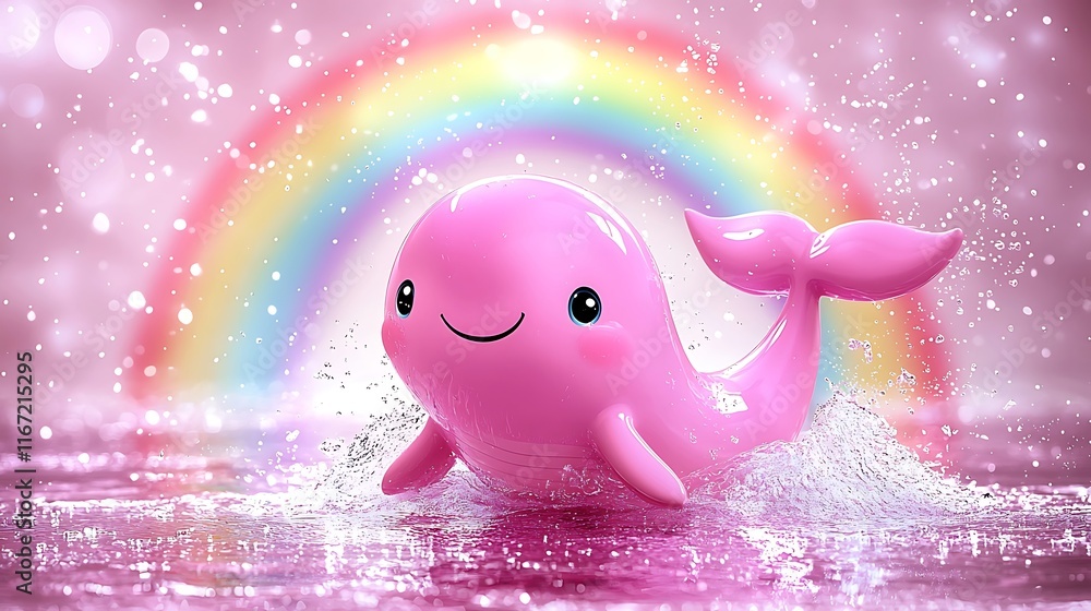 Pink Whale Plays in Rainbow Water Splashes Pink Whale Plays in Rainbow Water Splashes