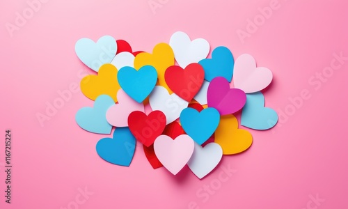 Colorful paper hearts on pink background for valentine's day and romance