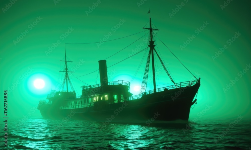 Fototapeta premium Eerie green sailing ship silhouette at sea with twin suns in misty horizon