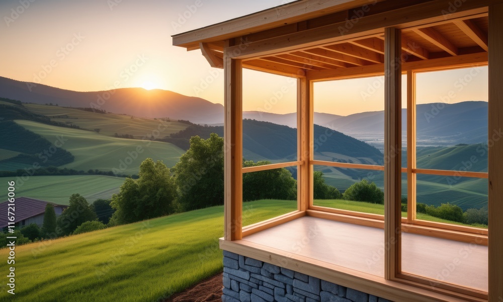 Serene sunrise over rolling hills viewed from a wooden gazebo