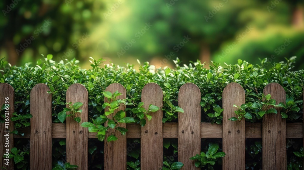 Lush Green Hedge Garden with Wooden Fence and Natural Light Lush Green Hedge Garden with Wooden Fence and Natural Light
