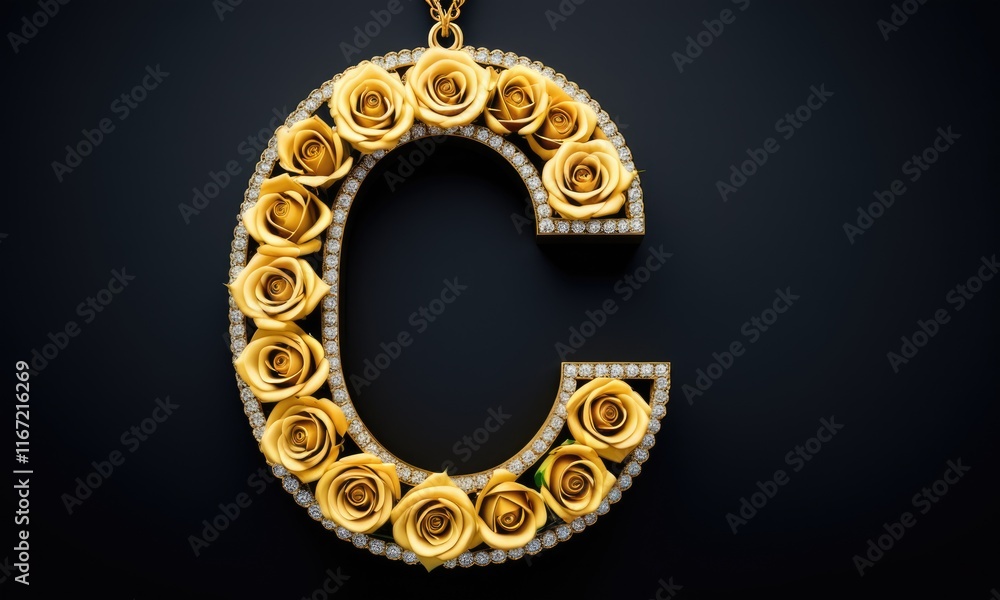 Elegant gold rose letter c with diamond accents on dark background Elegant gold rose letter c with diamond accents on dark background