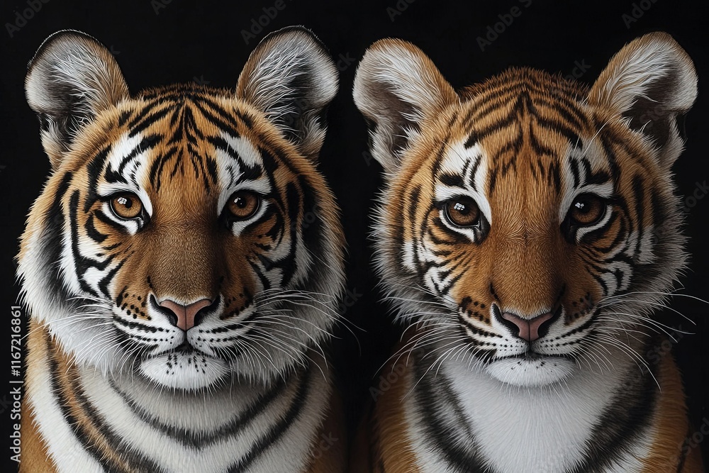 Fototapeta premium Two realistic tiger faces with detailed fur and expressions against a dark background.