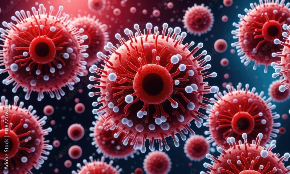 Detailed visualization of vibrant red viruses with spiky surface structure on dark background Detailed visualization of vibrant red viruses with spiky surface structure on dark background