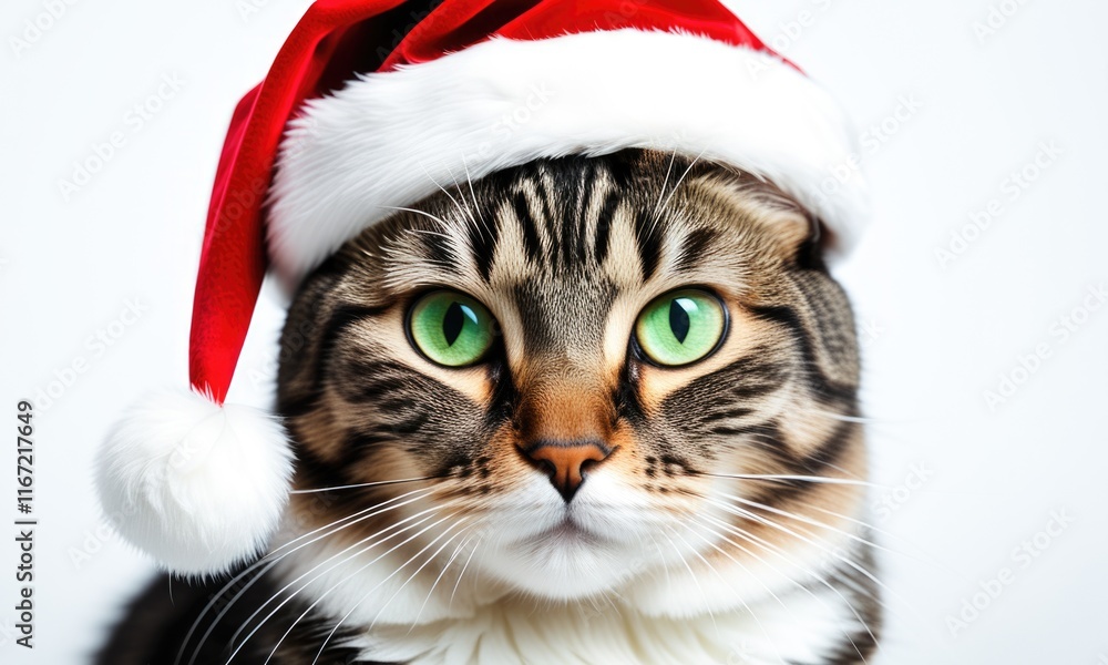 Festive cat in santa hat with striking green eyes celebrating christmas Festive cat in santa hat with striking green eyes celebrating christmas